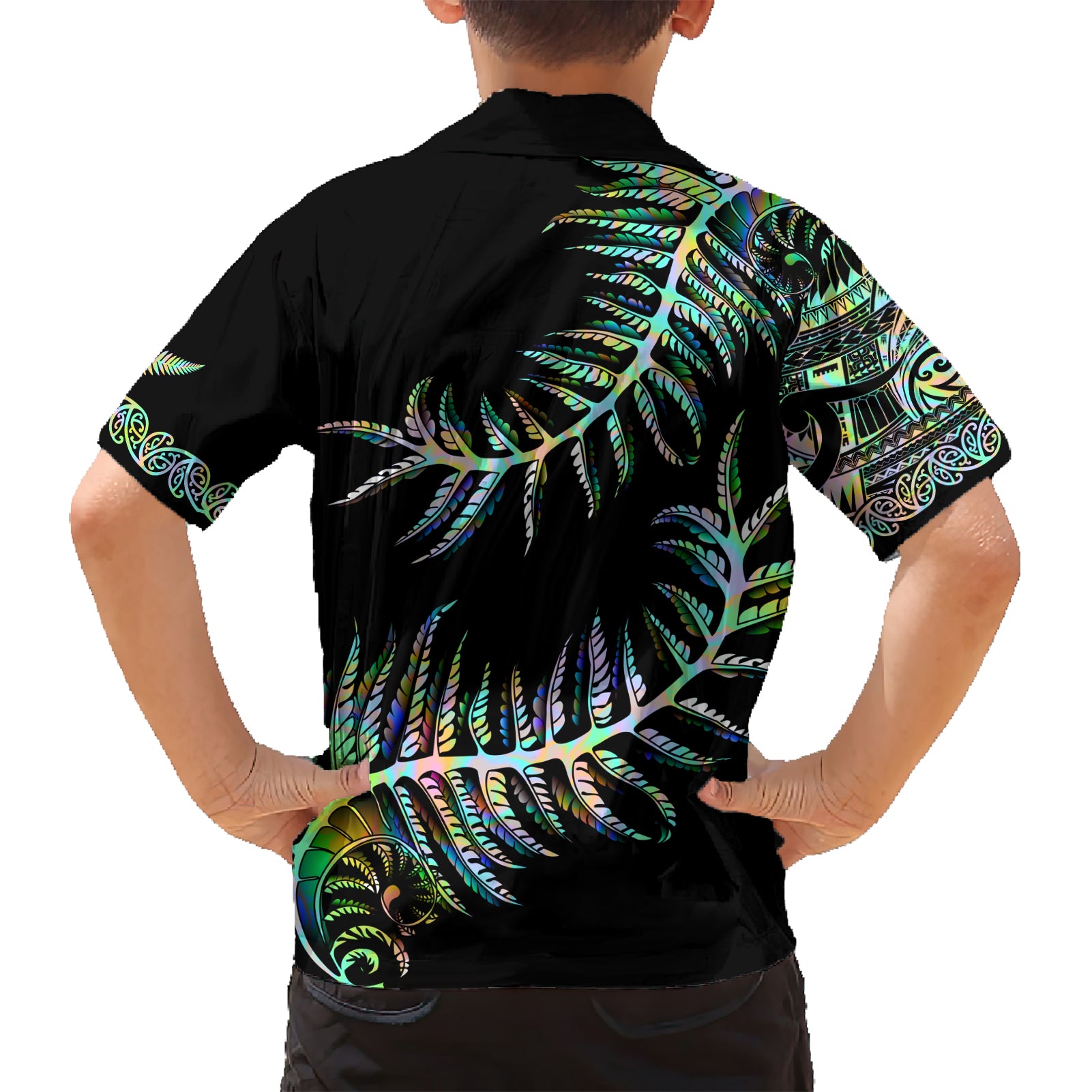 new-zealand-family-matching-short-sleeve-bodycon-dress-and-hawaiian-shirt-aotearoa-silver-fern-mixed-papua-shell-green-vibe