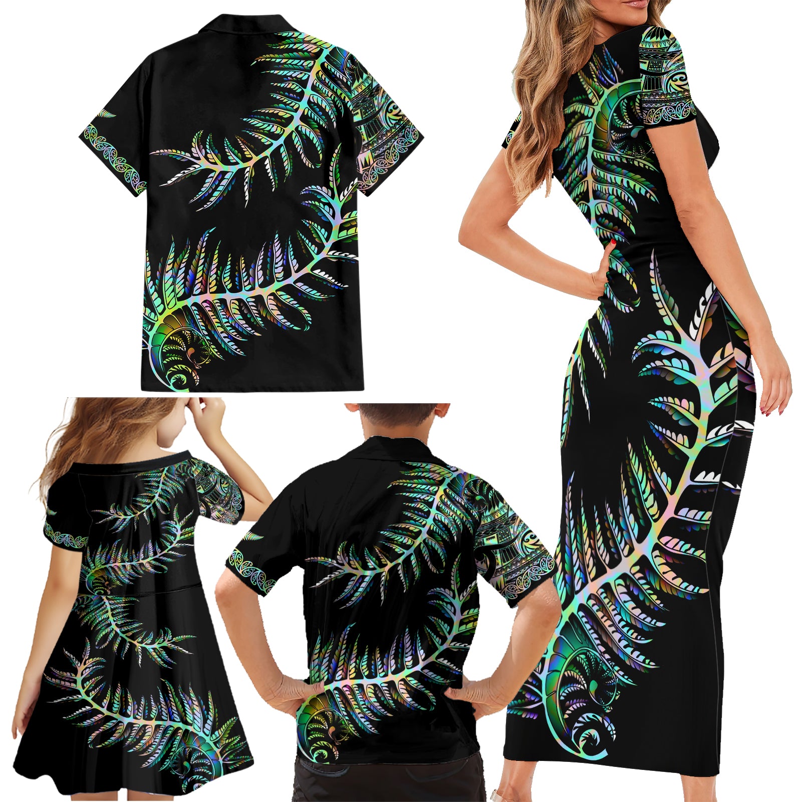 new-zealand-family-matching-short-sleeve-bodycon-dress-and-hawaiian-shirt-aotearoa-silver-fern-mixed-papua-shell-green-vibe