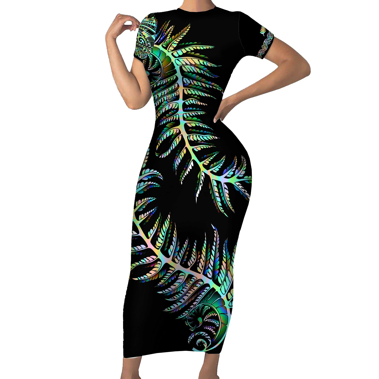 new-zealand-family-matching-short-sleeve-bodycon-dress-and-hawaiian-shirt-aotearoa-silver-fern-mixed-papua-shell-green-vibe