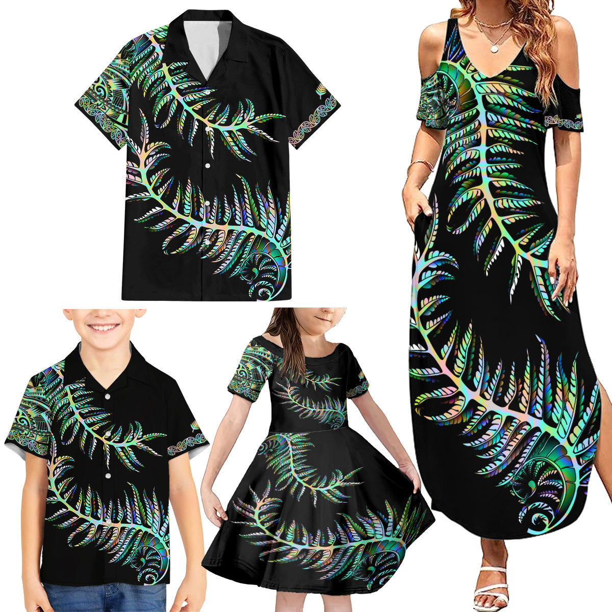 new-zealand-family-matching-summer-maxi-dress-and-hawaiian-shirt-aotearoa-silver-fern-mixed-papua-shell-green-vibe