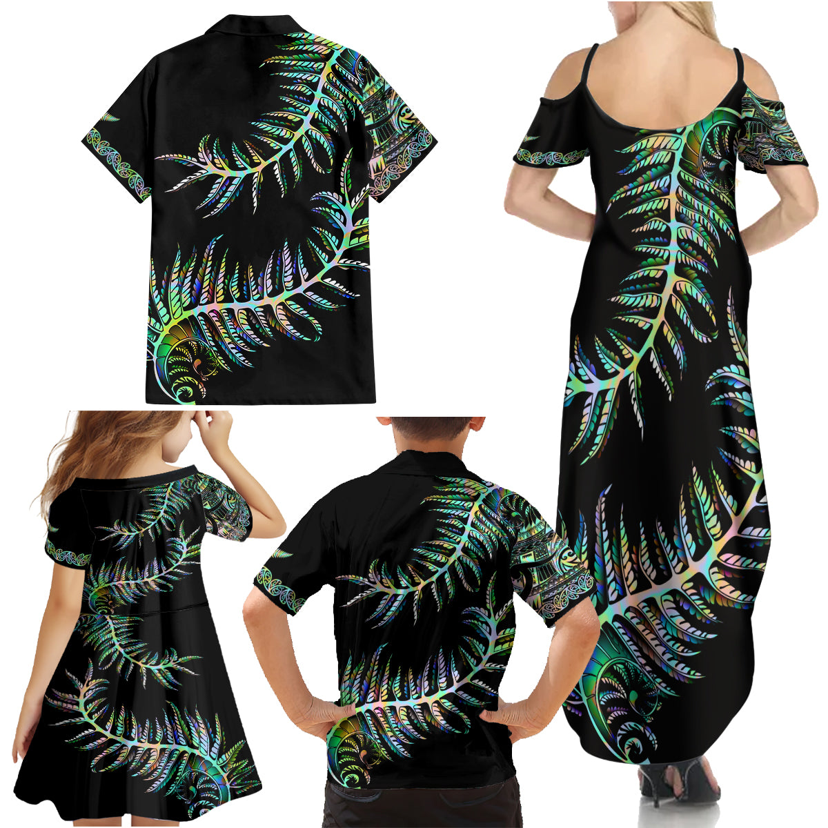 new-zealand-family-matching-summer-maxi-dress-and-hawaiian-shirt-aotearoa-silver-fern-mixed-papua-shell-green-vibe