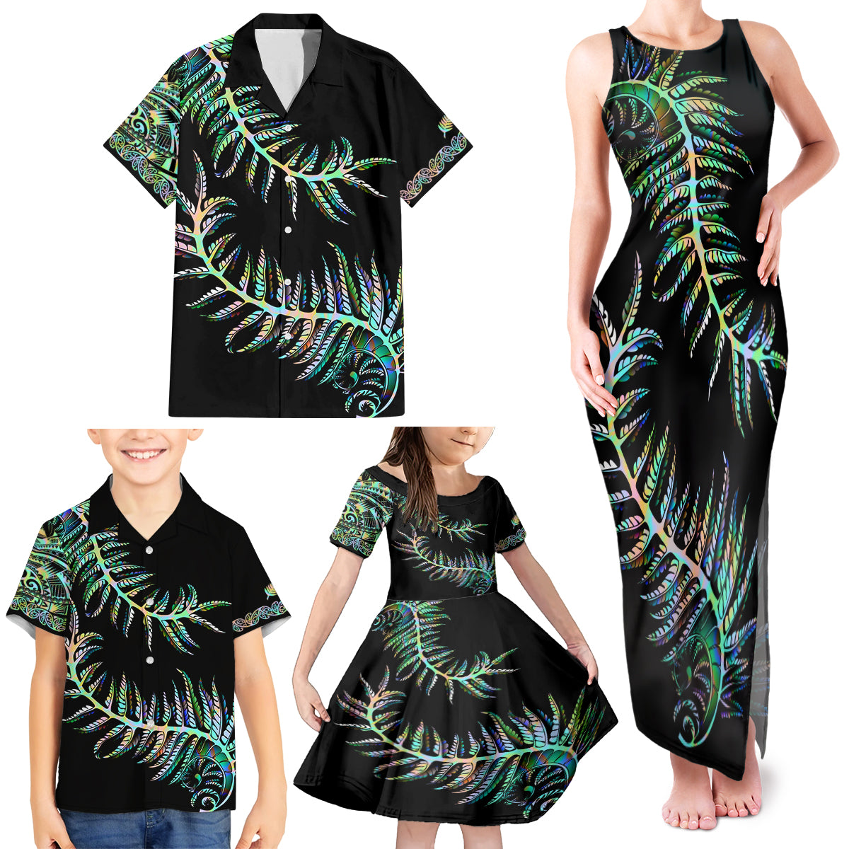 new-zealand-family-matching-tank-maxi-dress-and-hawaiian-shirt-aotearoa-silver-fern-mixed-papua-shell-green-vibe