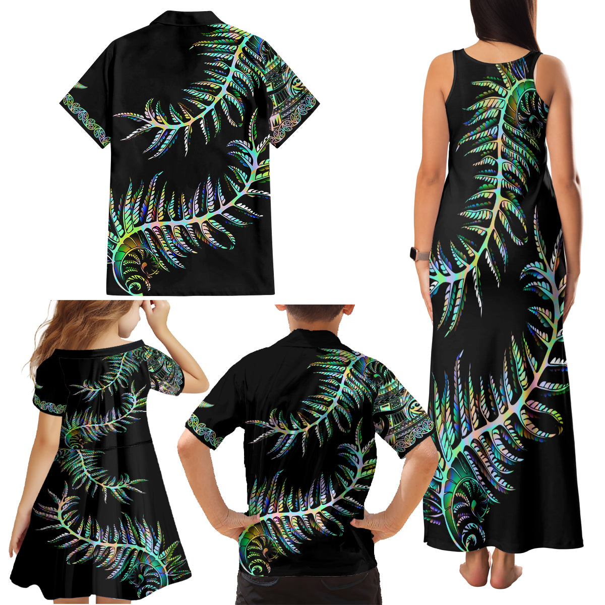 new-zealand-family-matching-tank-maxi-dress-and-hawaiian-shirt-aotearoa-silver-fern-mixed-papua-shell-green-vibe