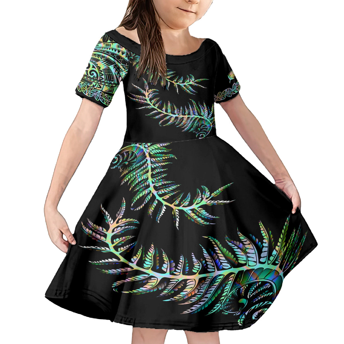 New Zealand Kid Short Sleeve Dress Aotearoa Silver Fern Mixed Papua Shell Green Vibe - Vibe Hoodie Shop