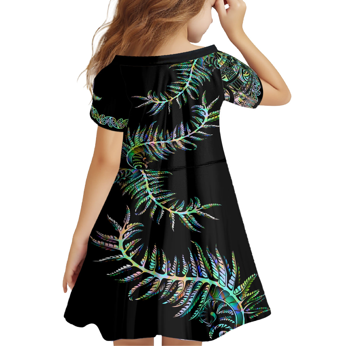 New Zealand Kid Short Sleeve Dress Aotearoa Silver Fern Mixed Papua Shell Green Vibe - Vibe Hoodie Shop