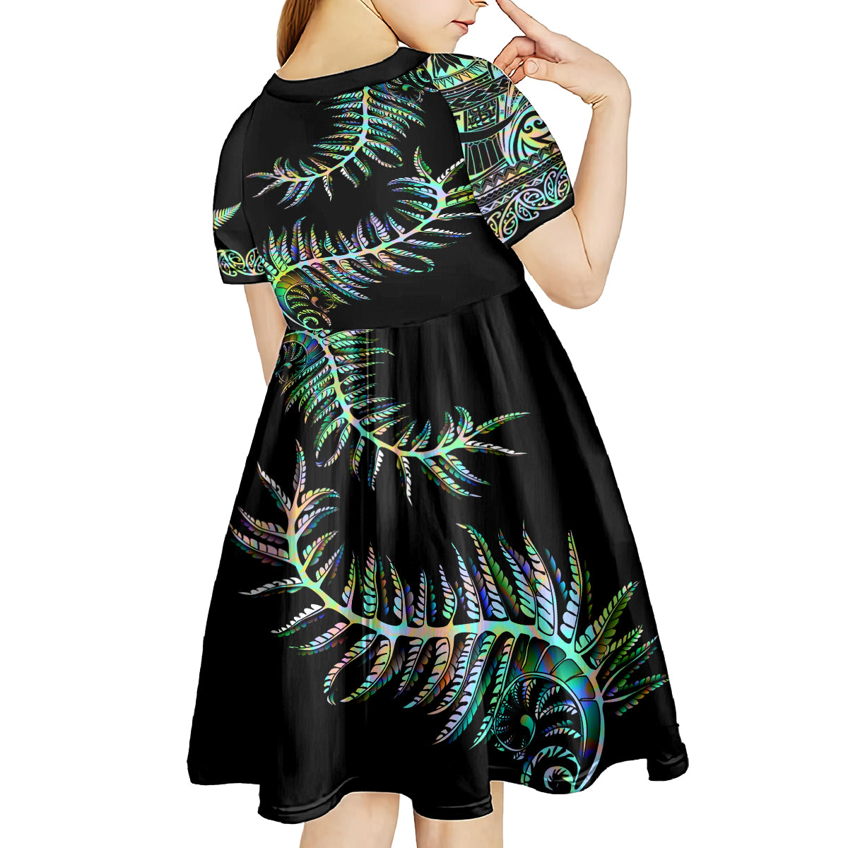 New Zealand Kid Short Sleeve Dress Aotearoa Silver Fern Mixed Papua Shell Green Vibe - Vibe Hoodie Shop