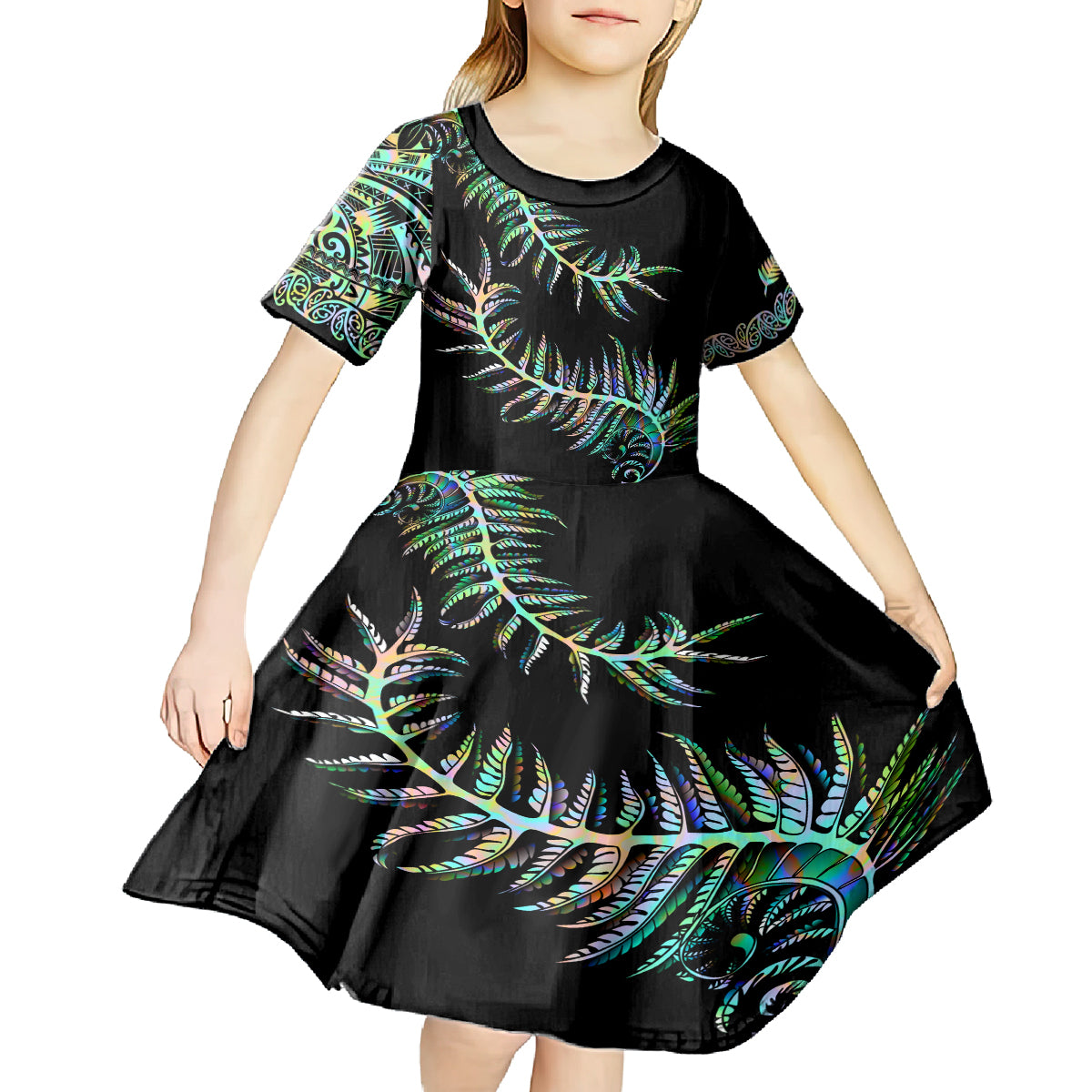 New Zealand Kid Short Sleeve Dress Aotearoa Silver Fern Mixed Papua Shell Green Vibe - Vibe Hoodie Shop