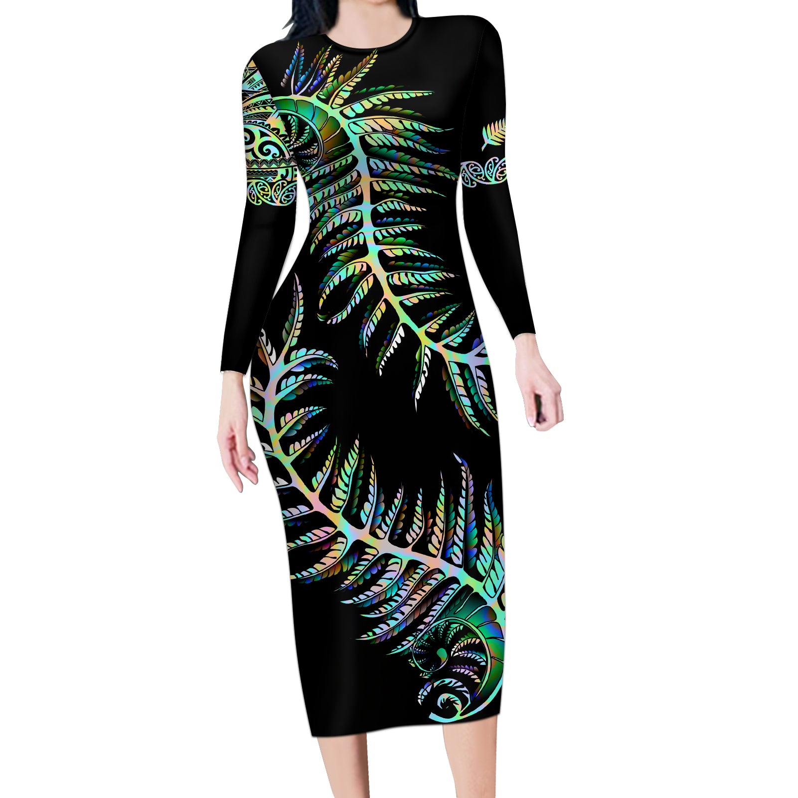 new-zealand-long-sleeve-bodycon-dress-aotearoa-silver-fern-mixed-papua-shell-green-vibe