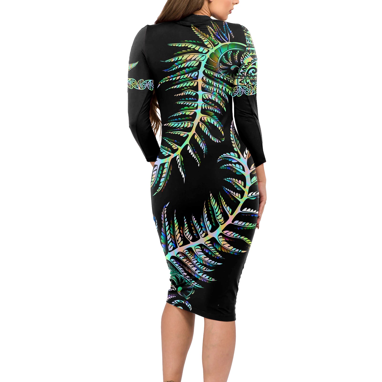 new-zealand-long-sleeve-bodycon-dress-aotearoa-silver-fern-mixed-papua-shell-green-vibe