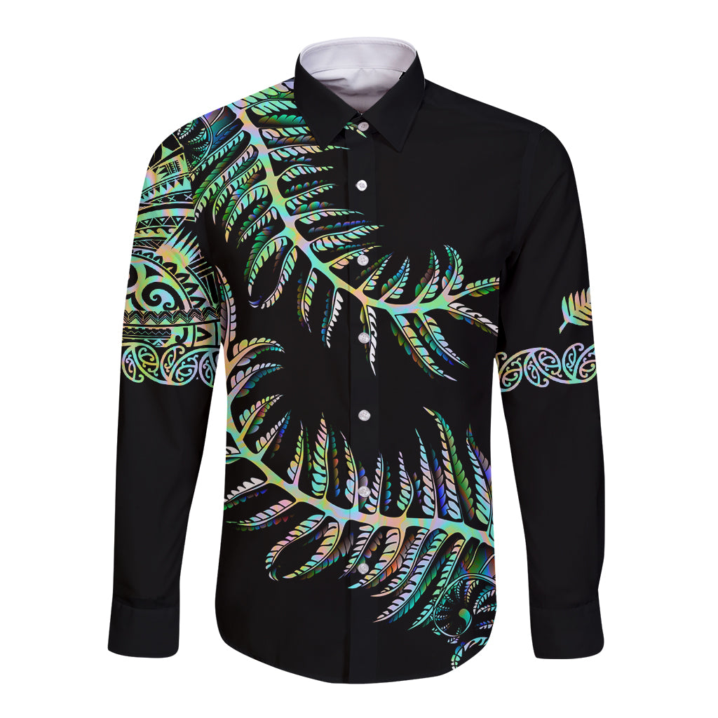 New Zealand Long Sleeve Button Shirt Aotearoa Silver Fern Mixed Papua Shell Green Vibe - Vibe Hoodie Shop