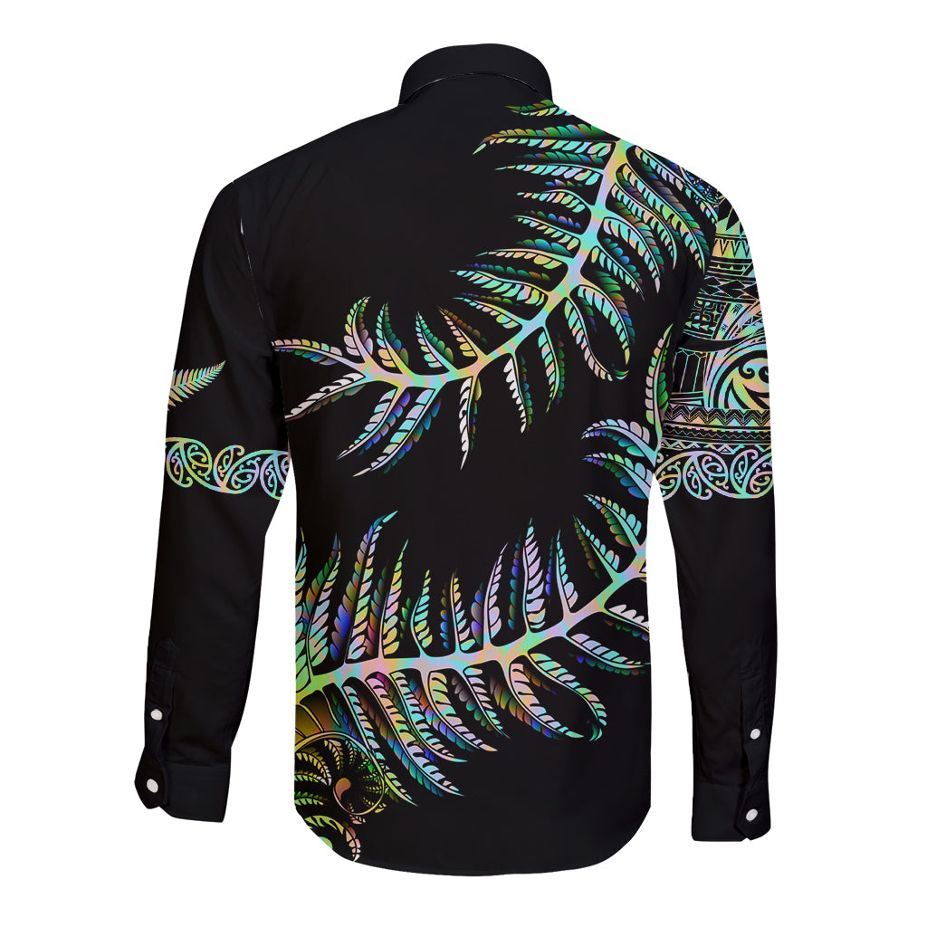 New Zealand Long Sleeve Button Shirt Aotearoa Silver Fern Mixed Papua Shell Green Vibe - Vibe Hoodie Shop