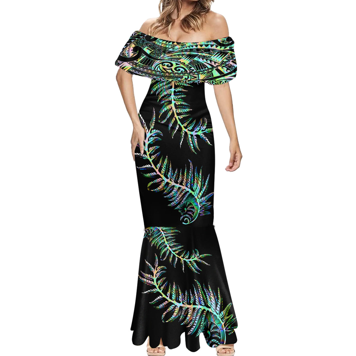 new-zealand-mermaid-dress-aotearoa-silver-fern-mixed-papua-shell-green-vibe