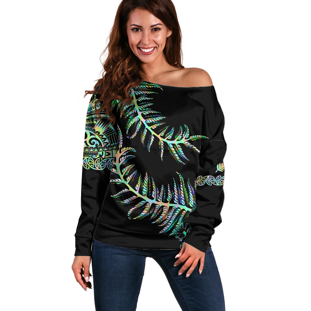 New Zealand Off Shoulder Sweater Aotearoa Silver Fern Mixed Papua Shell Green Vibe - Vibe Hoodie Shop