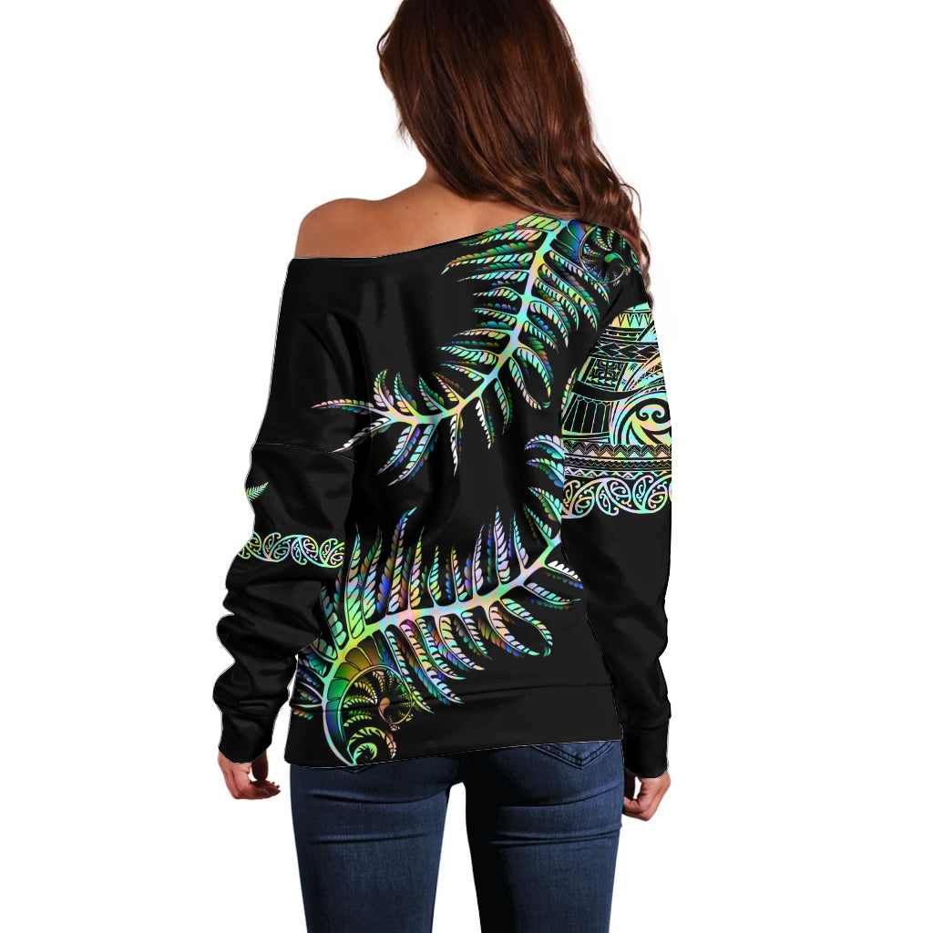 New Zealand Off Shoulder Sweater Aotearoa Silver Fern Mixed Papua Shell Green Vibe - Vibe Hoodie Shop