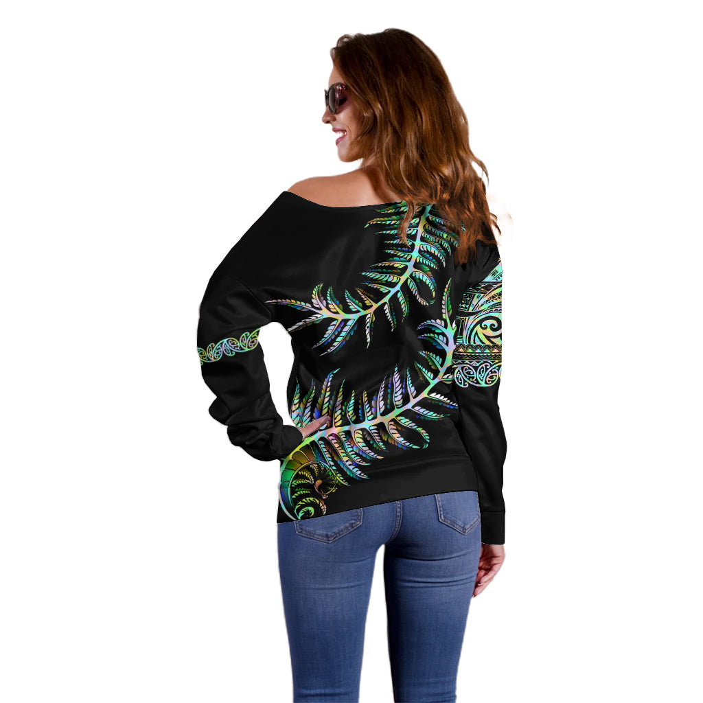 New Zealand Off Shoulder Sweater Aotearoa Silver Fern Mixed Papua Shell Green Vibe - Vibe Hoodie Shop