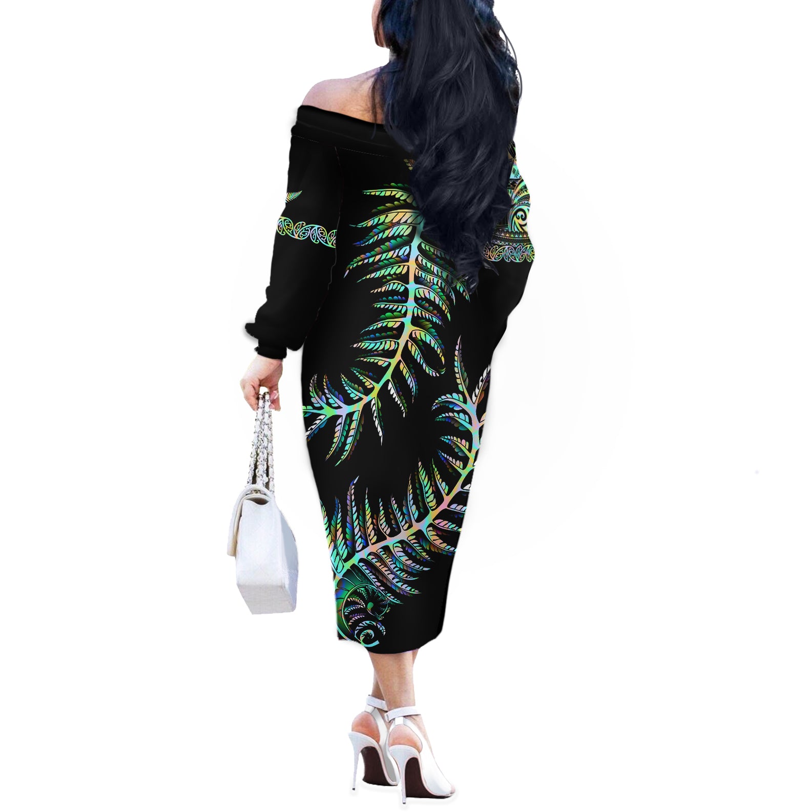 new-zealand-off-the-shoulder-long-sleeve-dress-aotearoa-silver-fern-mixed-papua-shell-green-vibe