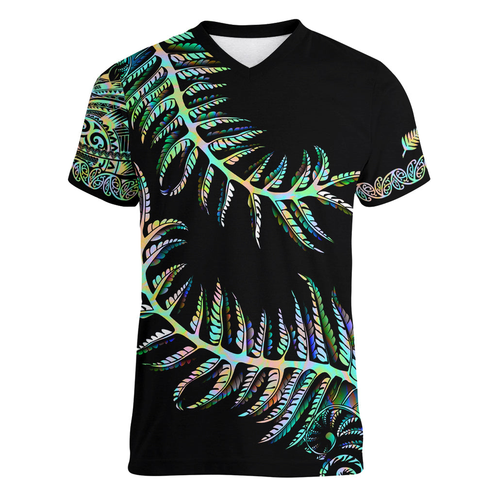 New Zealand Women V Neck T Shirt Aotearoa Silver Fern Mixed Papua Shell Green Vibe - Vibe Hoodie Shop