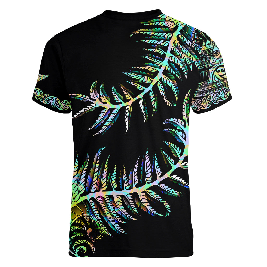 New Zealand Women V Neck T Shirt Aotearoa Silver Fern Mixed Papua Shell Green Vibe - Vibe Hoodie Shop