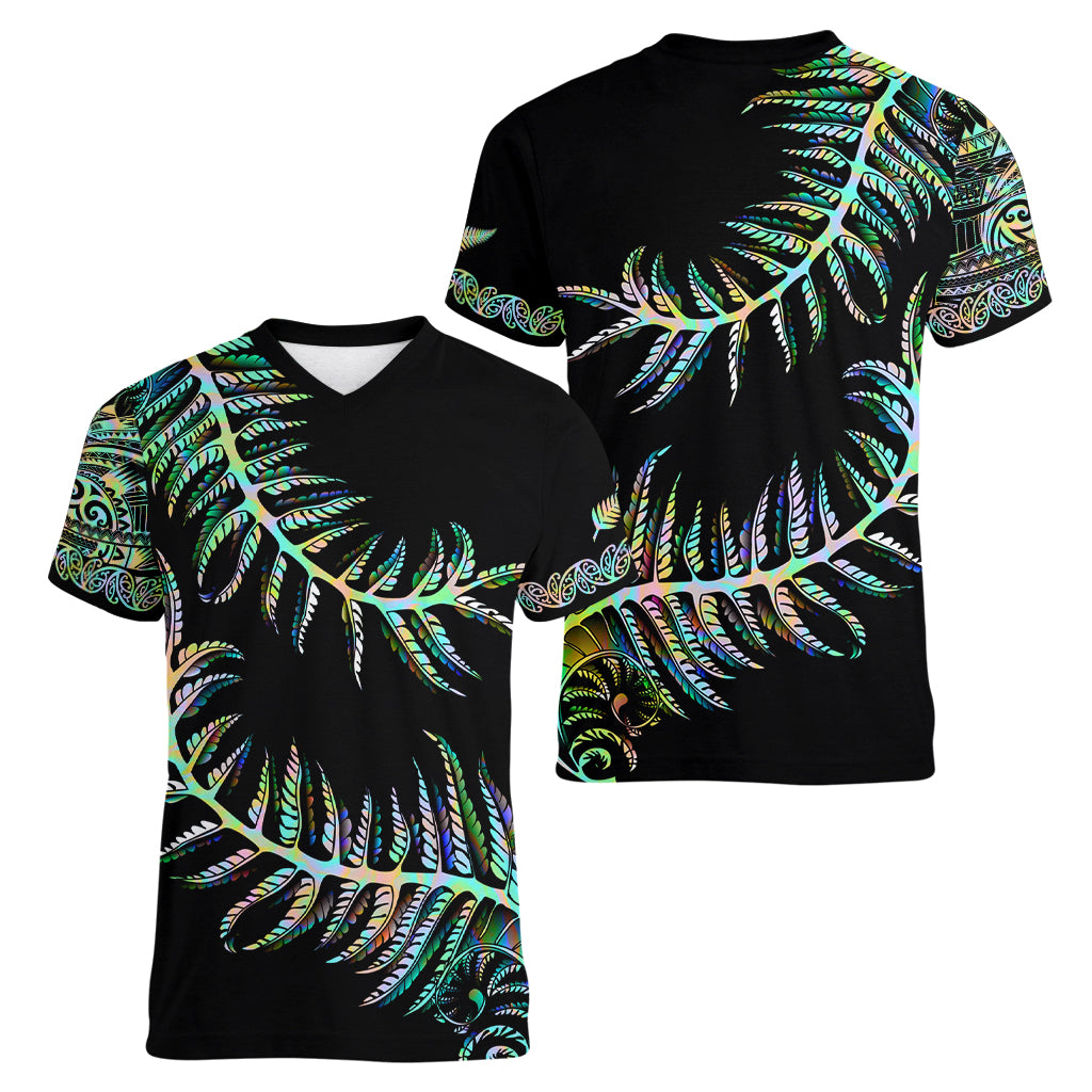 New Zealand Women V Neck T Shirt Aotearoa Silver Fern Mixed Papua Shell Green Vibe - Vibe Hoodie Shop