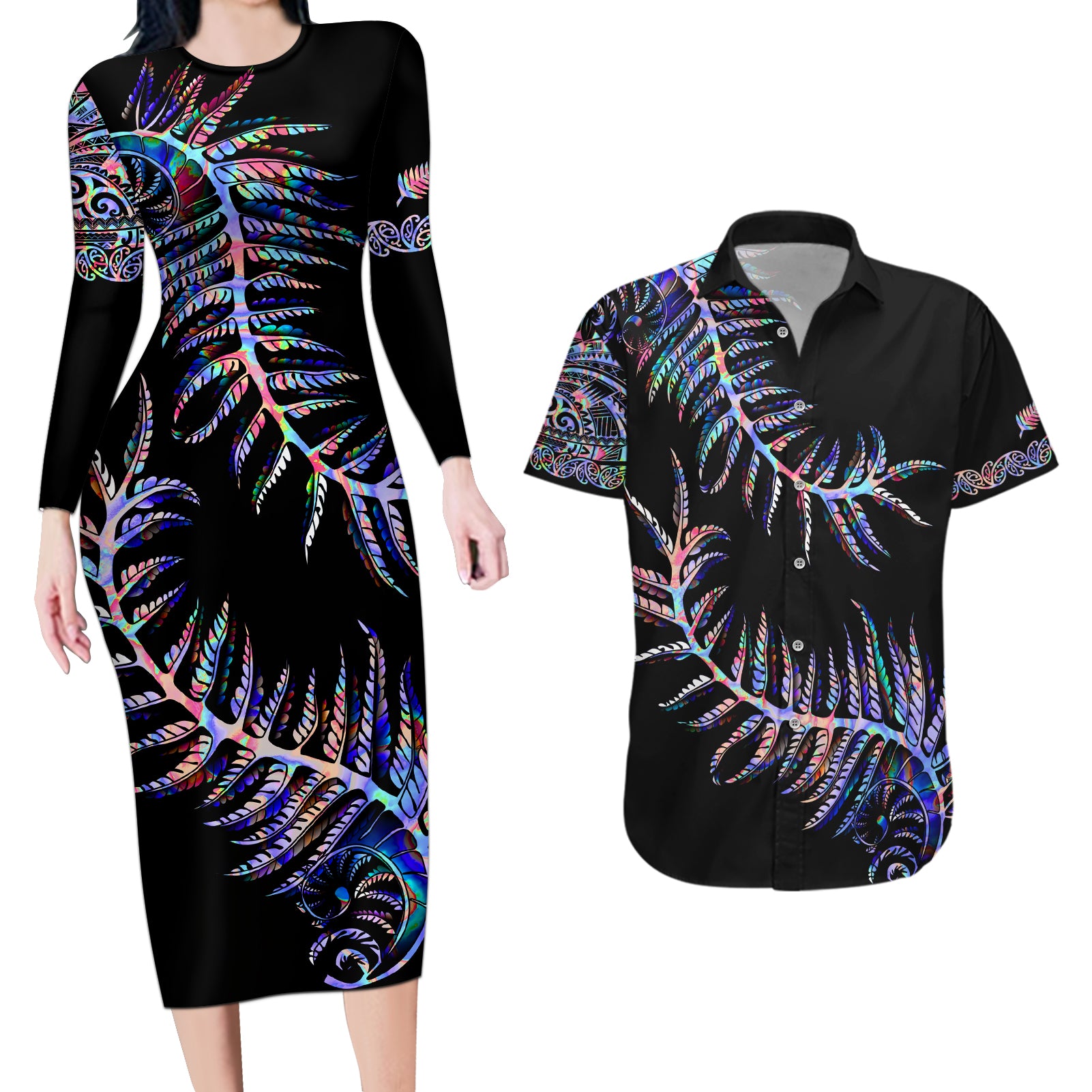 new-zealand-couples-matching-long-sleeve-bodycon-dress-and-hawaiian-shirt-aotearoa-silver-fern-mixed-papua-shell-purple-vibe