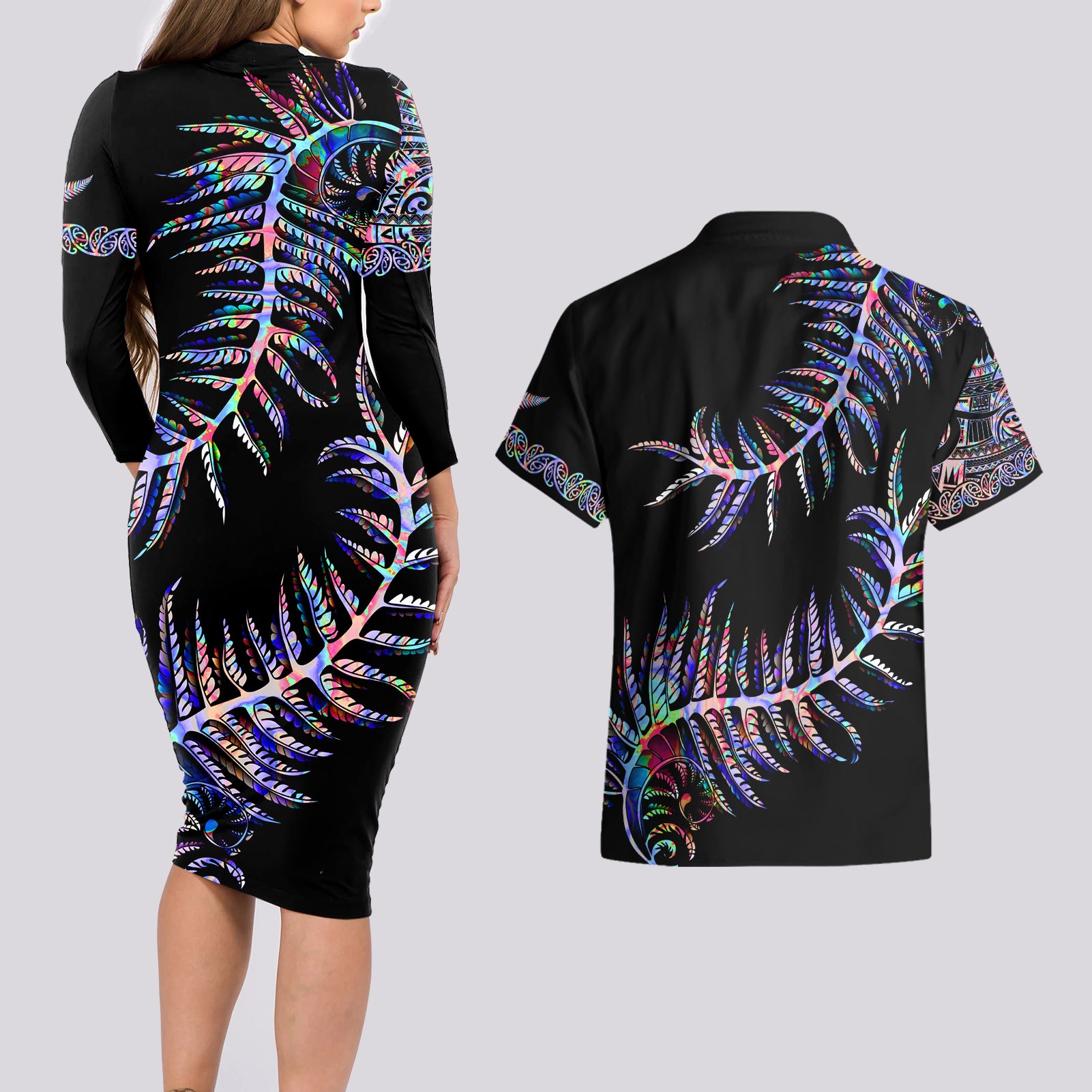 new-zealand-couples-matching-long-sleeve-bodycon-dress-and-hawaiian-shirt-aotearoa-silver-fern-mixed-papua-shell-purple-vibe