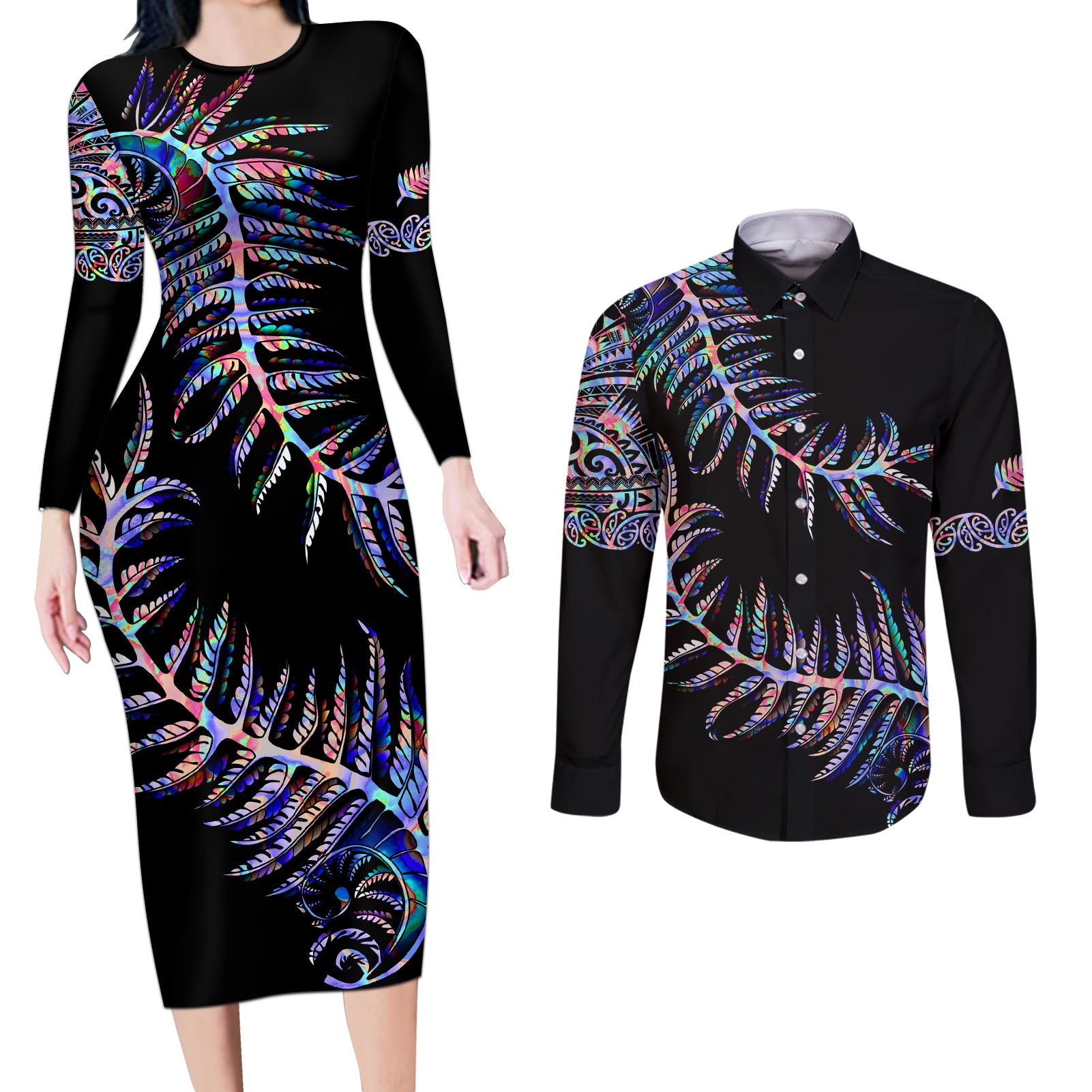 new-zealand-couples-matching-long-sleeve-bodycon-dress-and-long-sleeve-button-shirt-aotearoa-silver-fern-mixed-papua-shell-purple-vibe