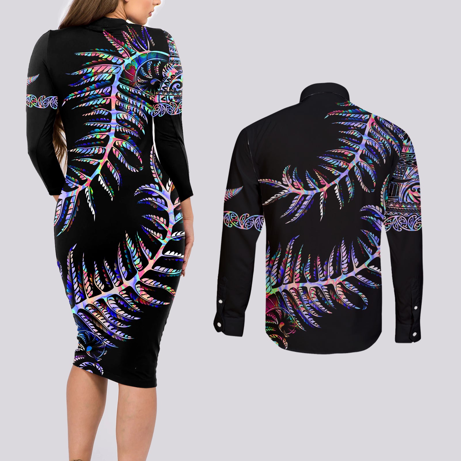 new-zealand-couples-matching-long-sleeve-bodycon-dress-and-long-sleeve-button-shirt-aotearoa-silver-fern-mixed-papua-shell-purple-vibe