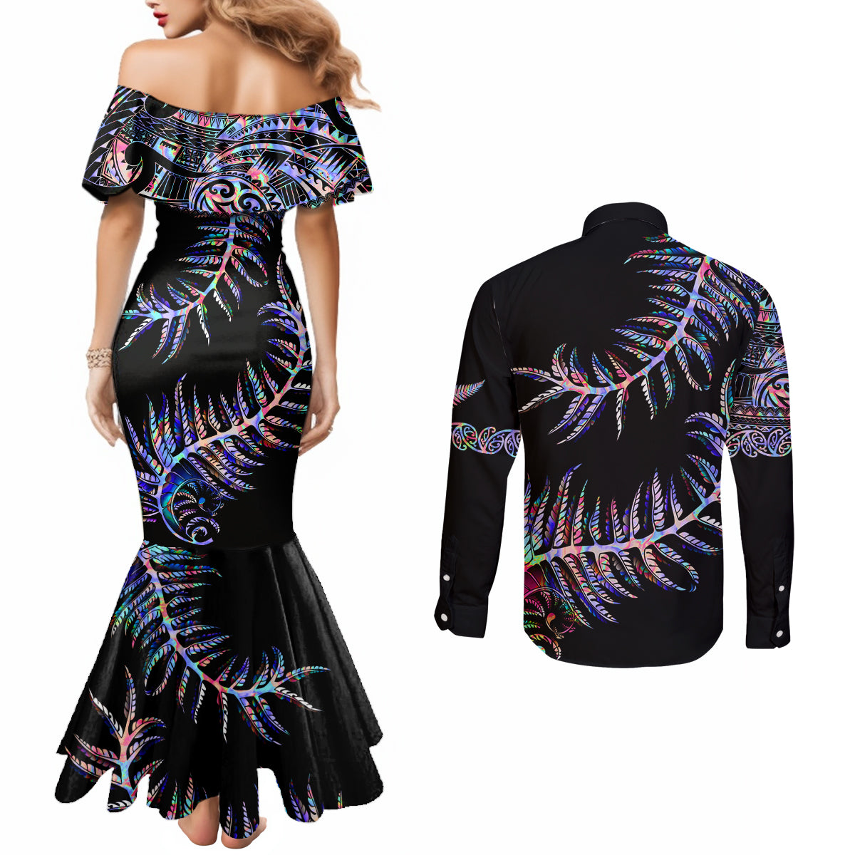 new-zealand-couples-matching-mermaid-dress-and-long-sleeve-button-shirt-aotearoa-silver-fern-mixed-papua-shell-purple-vibe