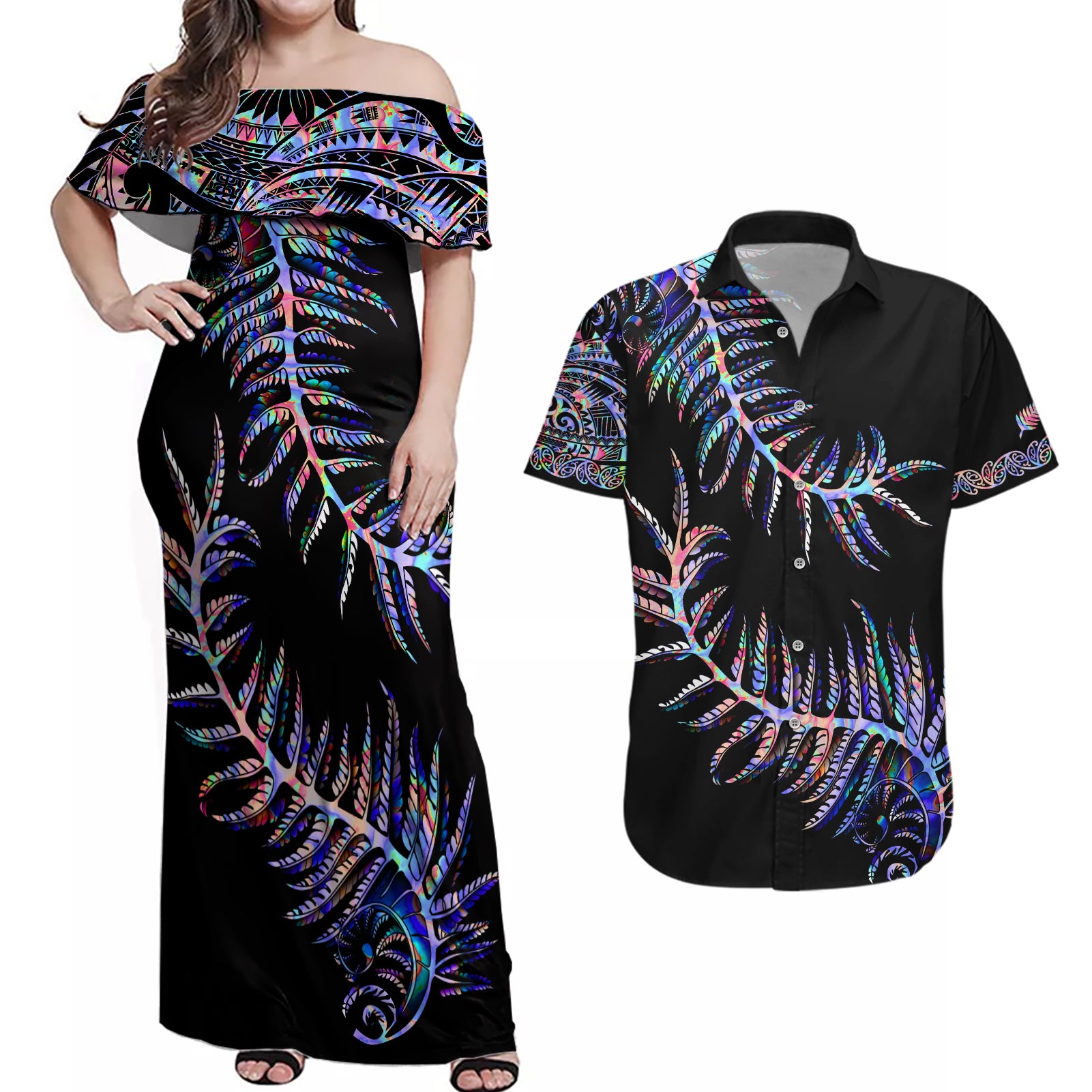 new-zealand-couples-matching-off-shoulder-maxi-dress-and-hawaiian-shirt-aotearoa-silver-fern-mixed-papua-shell-purple-vibe