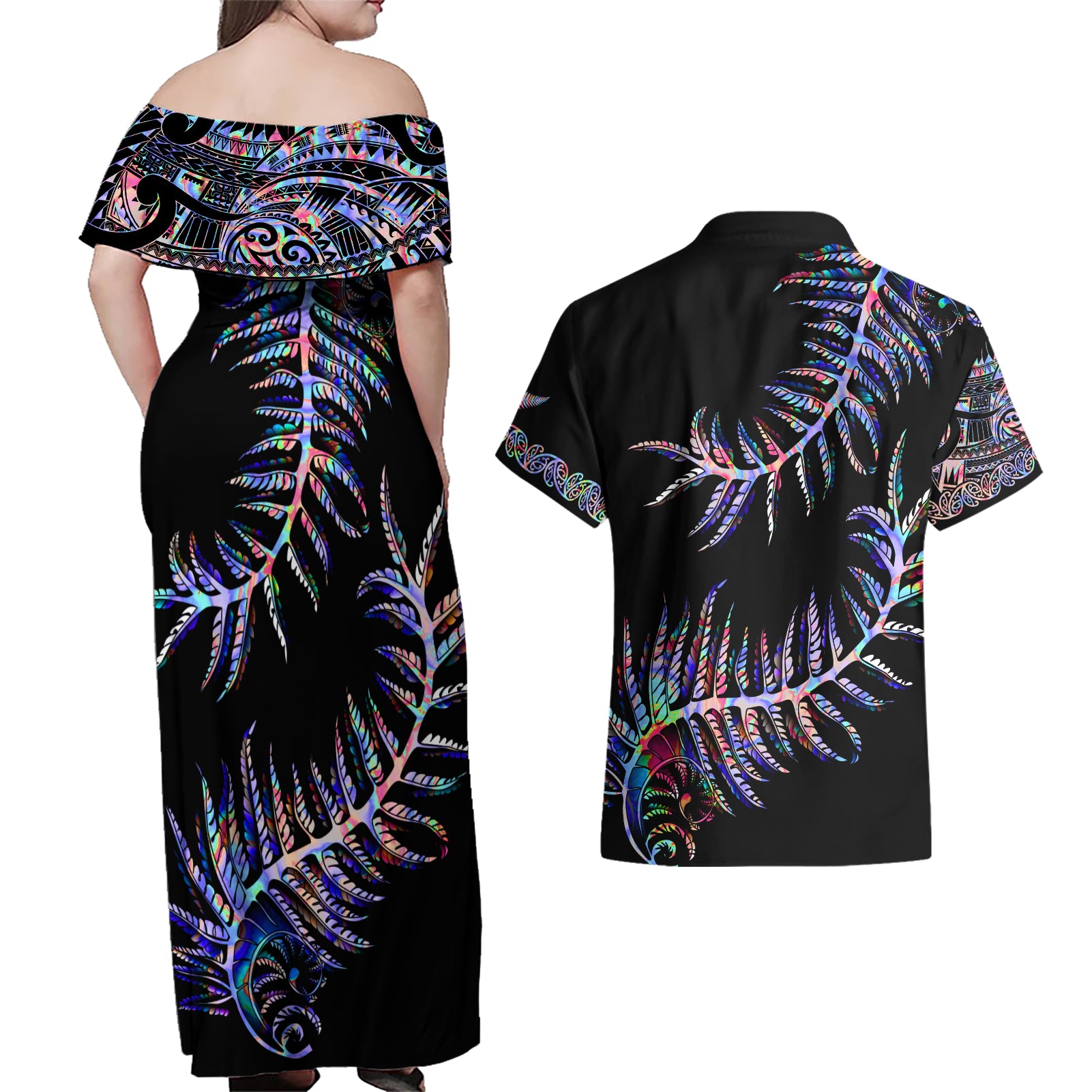 new-zealand-couples-matching-off-shoulder-maxi-dress-and-hawaiian-shirt-aotearoa-silver-fern-mixed-papua-shell-purple-vibe