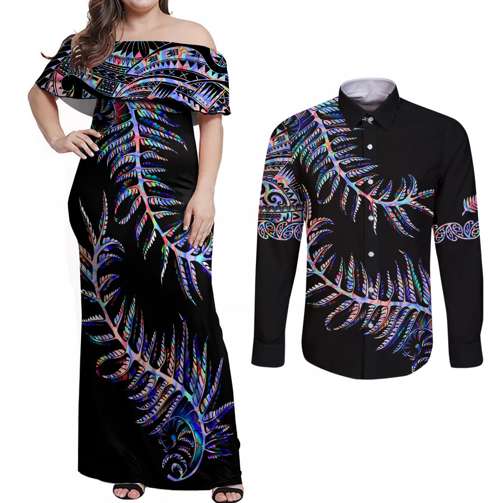 new-zealand-couples-matching-off-shoulder-maxi-dress-and-long-sleeve-button-shirt-aotearoa-silver-fern-mixed-papua-shell-purple-vibe