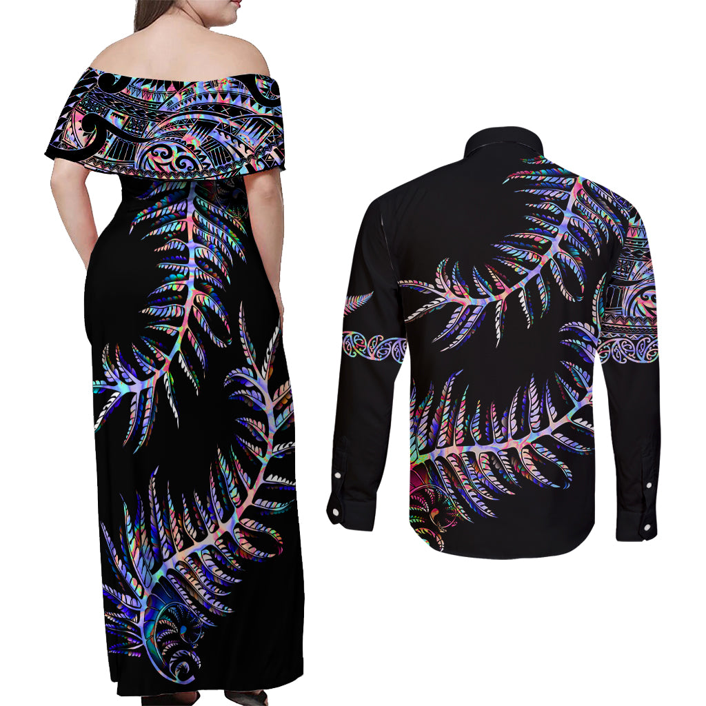 new-zealand-couples-matching-off-shoulder-maxi-dress-and-long-sleeve-button-shirt-aotearoa-silver-fern-mixed-papua-shell-purple-vibe