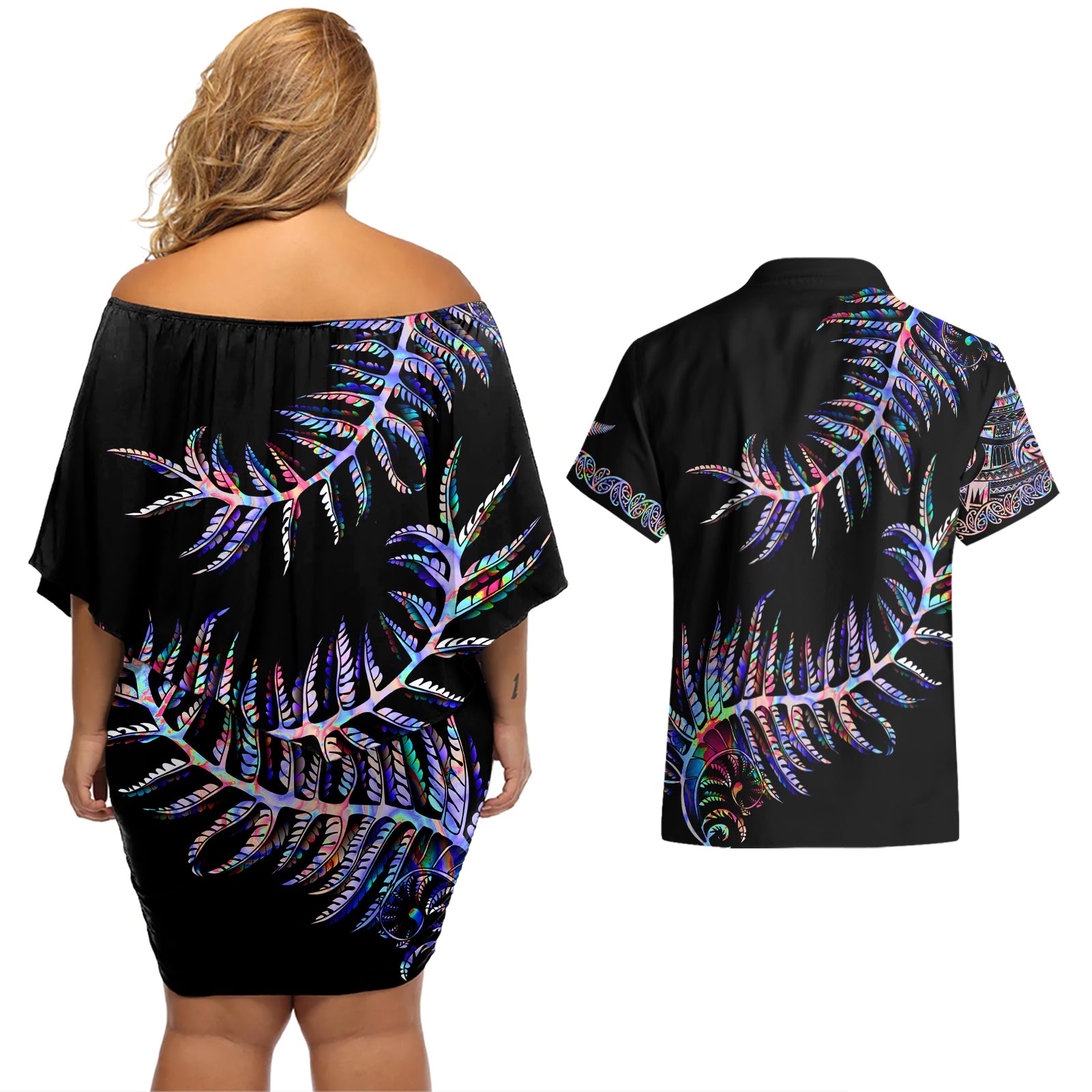 new-zealand-couples-matching-off-shoulder-short-dress-and-hawaiian-shirt-aotearoa-silver-fern-mixed-papua-shell-purple-vibe