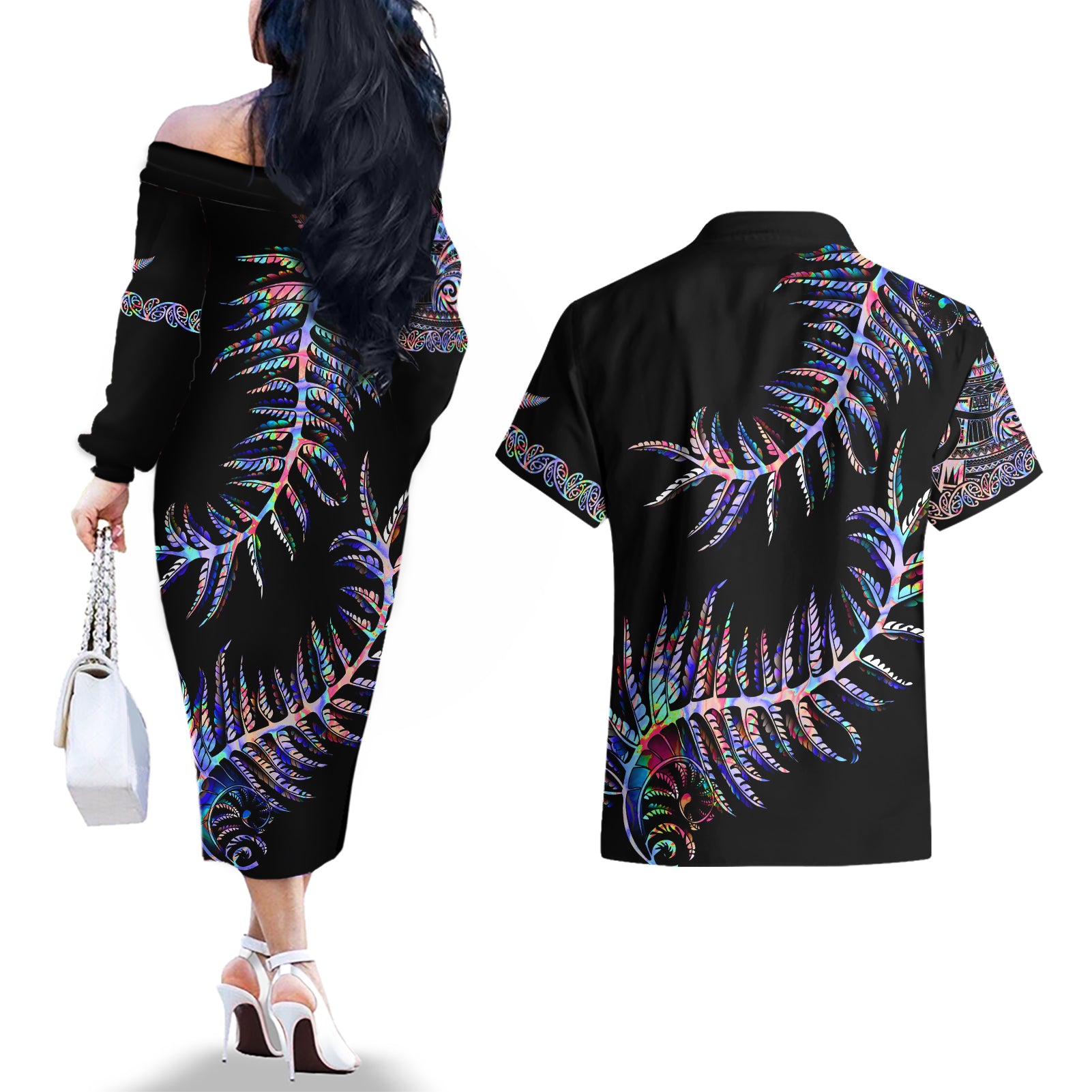 new-zealand-couples-matching-off-the-shoulder-long-sleeve-dress-and-hawaiian-shirt-aotearoa-silver-fern-mixed-papua-shell-purple-vibe