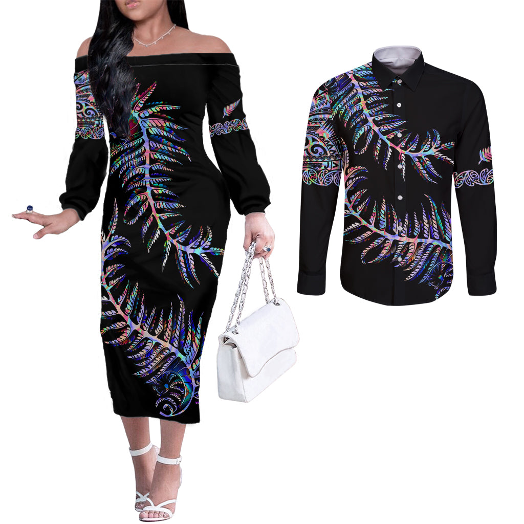 new-zealand-couples-matching-off-the-shoulder-long-sleeve-dress-and-long-sleeve-button-shirt-aotearoa-silver-fern-mixed-papua-shell-purple-vibe