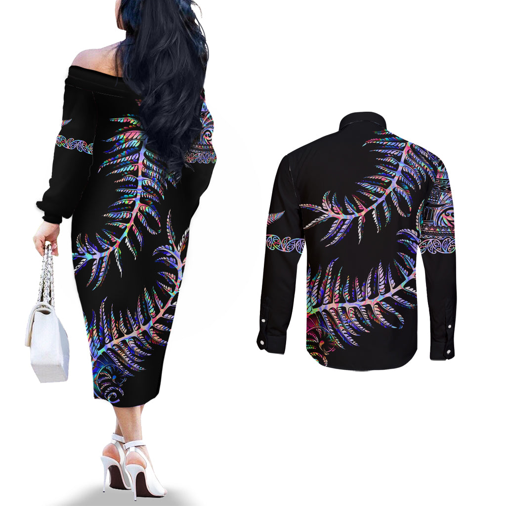 new-zealand-couples-matching-off-the-shoulder-long-sleeve-dress-and-long-sleeve-button-shirt-aotearoa-silver-fern-mixed-papua-shell-purple-vibe