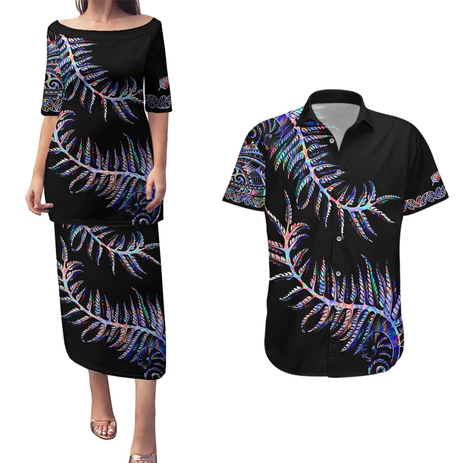 new-zealand-couples-matching-puletasi-dress-and-hawaiian-shirt-aotearoa-silver-fern-mixed-papua-shell-purple-vibe