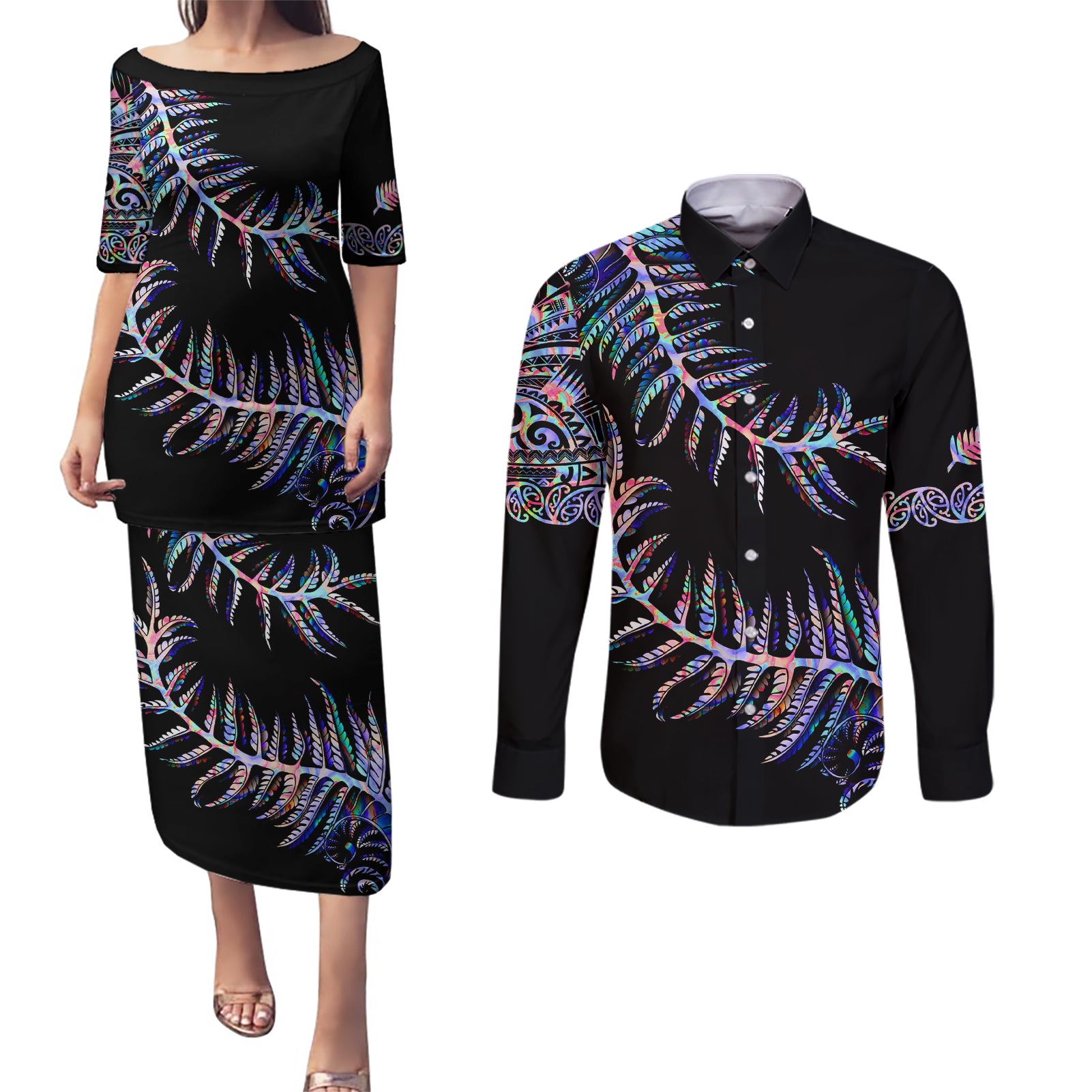 new-zealand-couples-matching-puletasi-dress-and-long-sleeve-button-shirt-aotearoa-silver-fern-mixed-papua-shell-purple-vibe