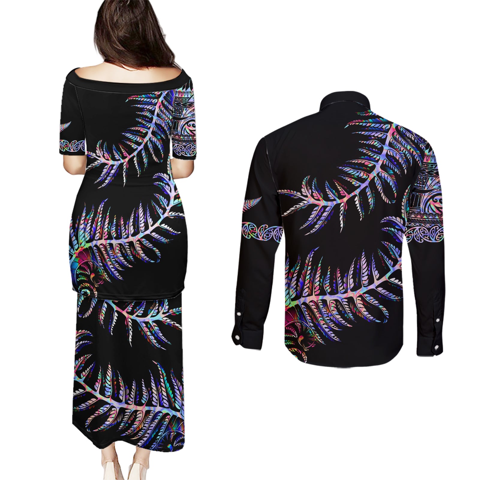 new-zealand-couples-matching-puletasi-dress-and-long-sleeve-button-shirt-aotearoa-silver-fern-mixed-papua-shell-purple-vibe