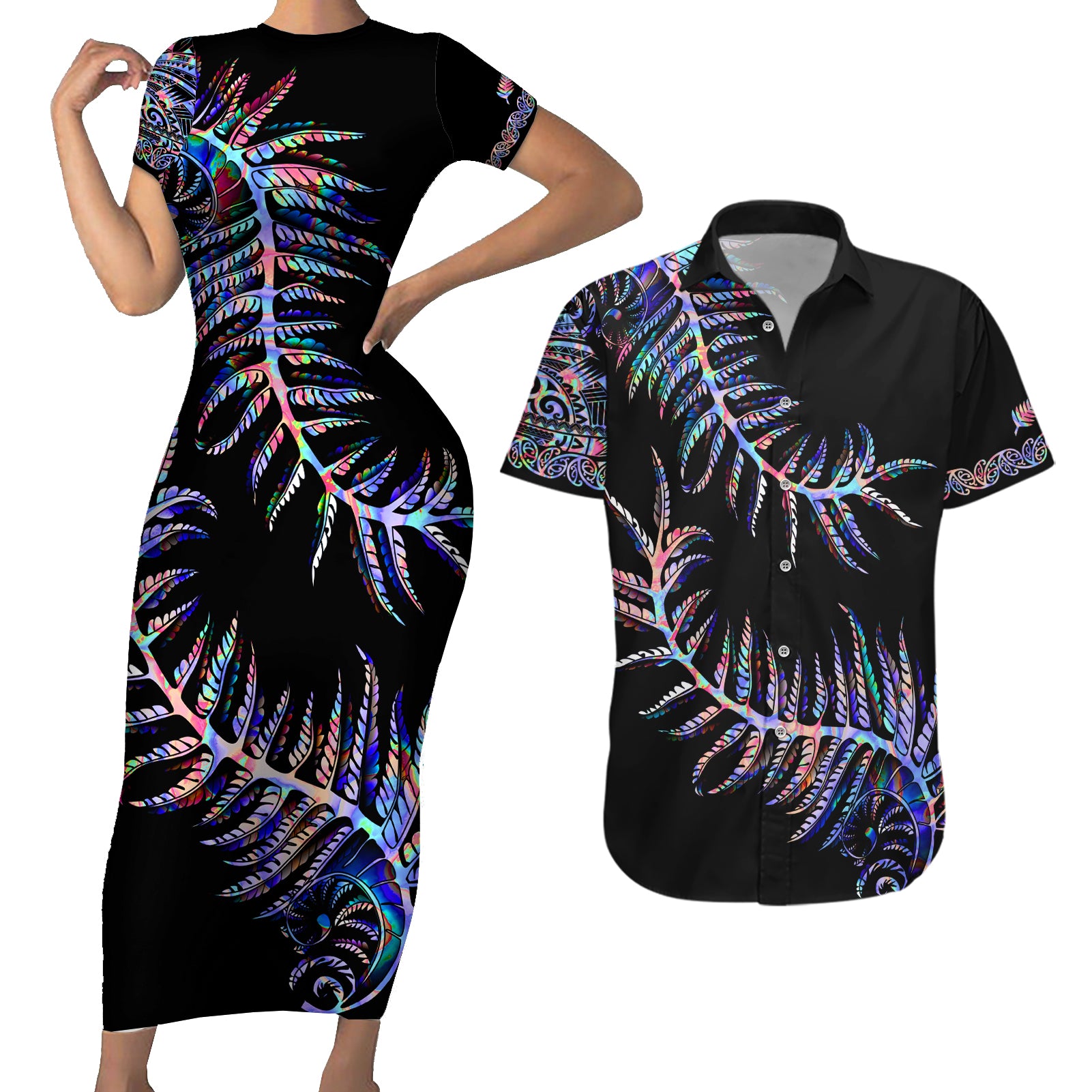 new-zealand-couples-matching-short-sleeve-bodycon-dress-and-hawaiian-shirt-aotearoa-silver-fern-mixed-papua-shell-purple-vibe