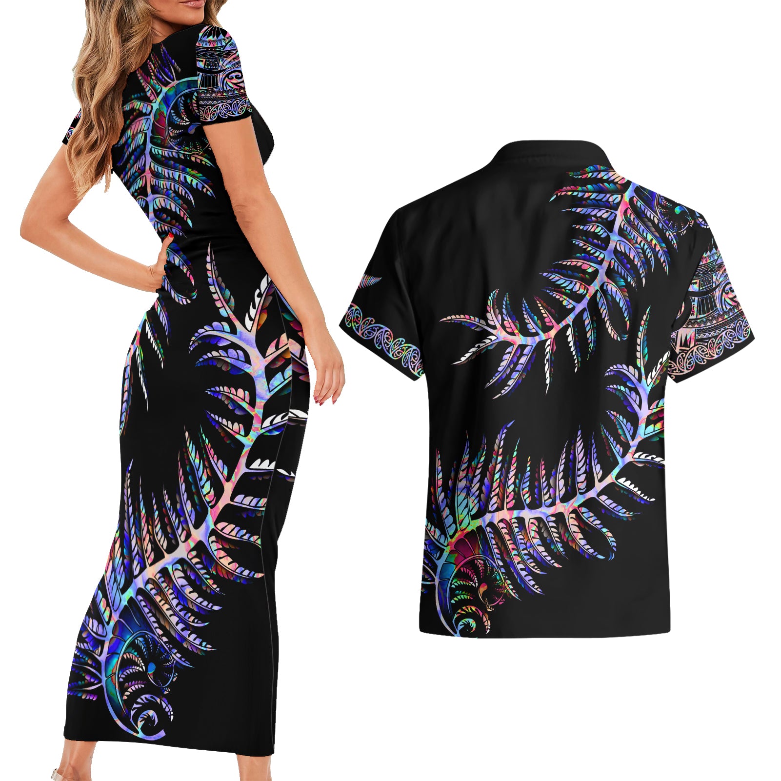 new-zealand-couples-matching-short-sleeve-bodycon-dress-and-hawaiian-shirt-aotearoa-silver-fern-mixed-papua-shell-purple-vibe