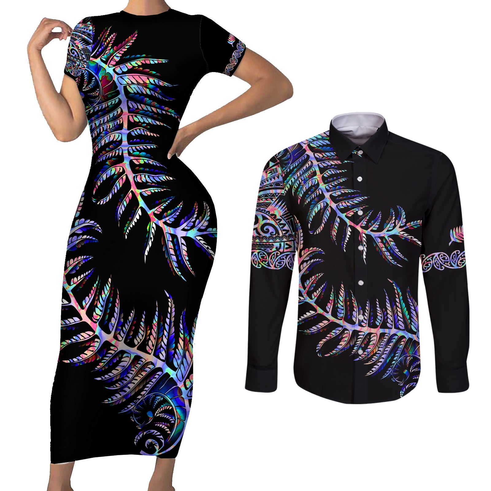 new-zealand-couples-matching-short-sleeve-bodycon-dress-and-long-sleeve-button-shirt-aotearoa-silver-fern-mixed-papua-shell-purple-vibe