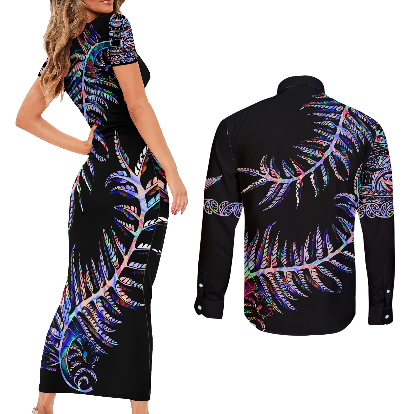 new-zealand-couples-matching-short-sleeve-bodycon-dress-and-long-sleeve-button-shirt-aotearoa-silver-fern-mixed-papua-shell-purple-vibe