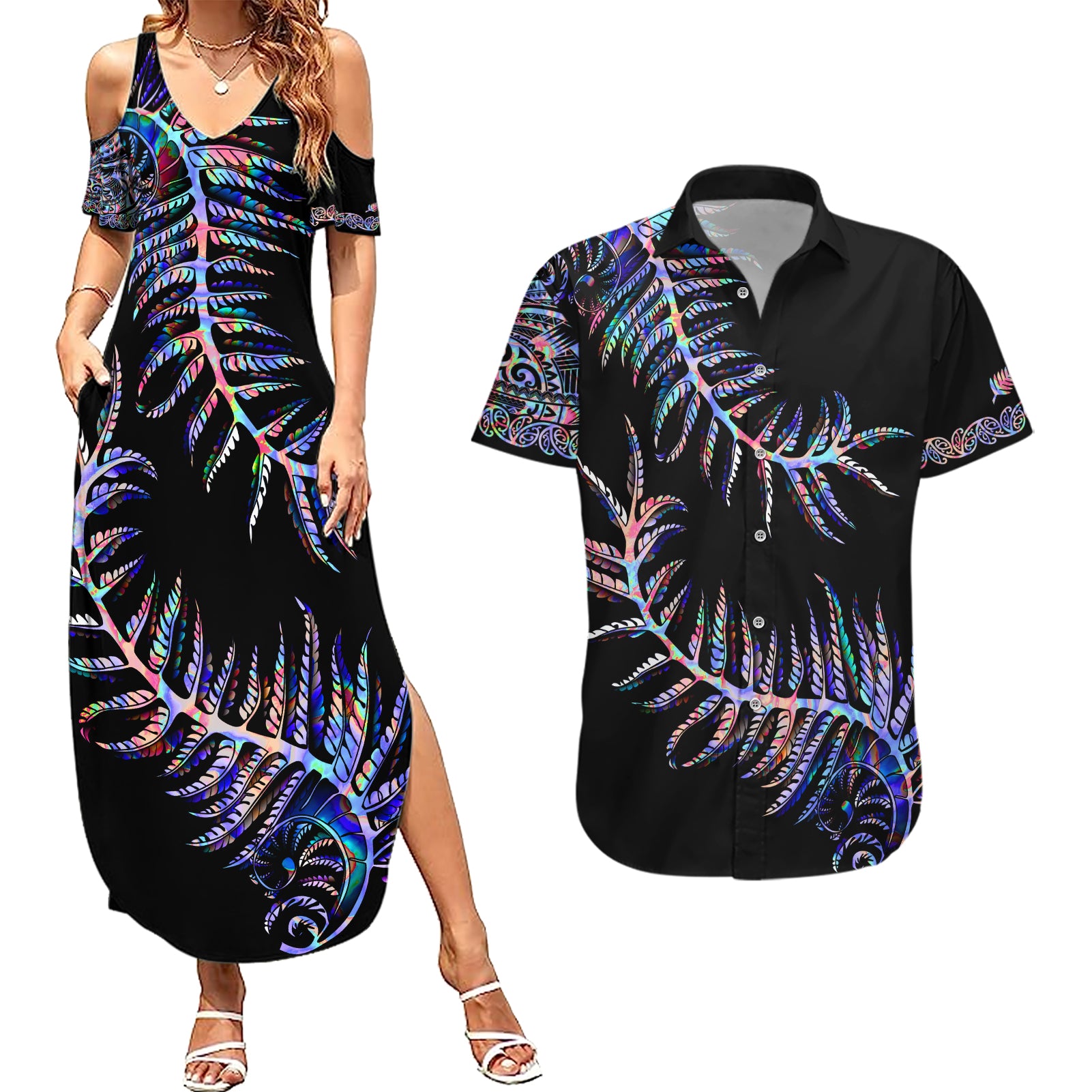 new-zealand-couples-matching-summer-maxi-dress-and-hawaiian-shirt-aotearoa-silver-fern-mixed-papua-shell-purple-vibe