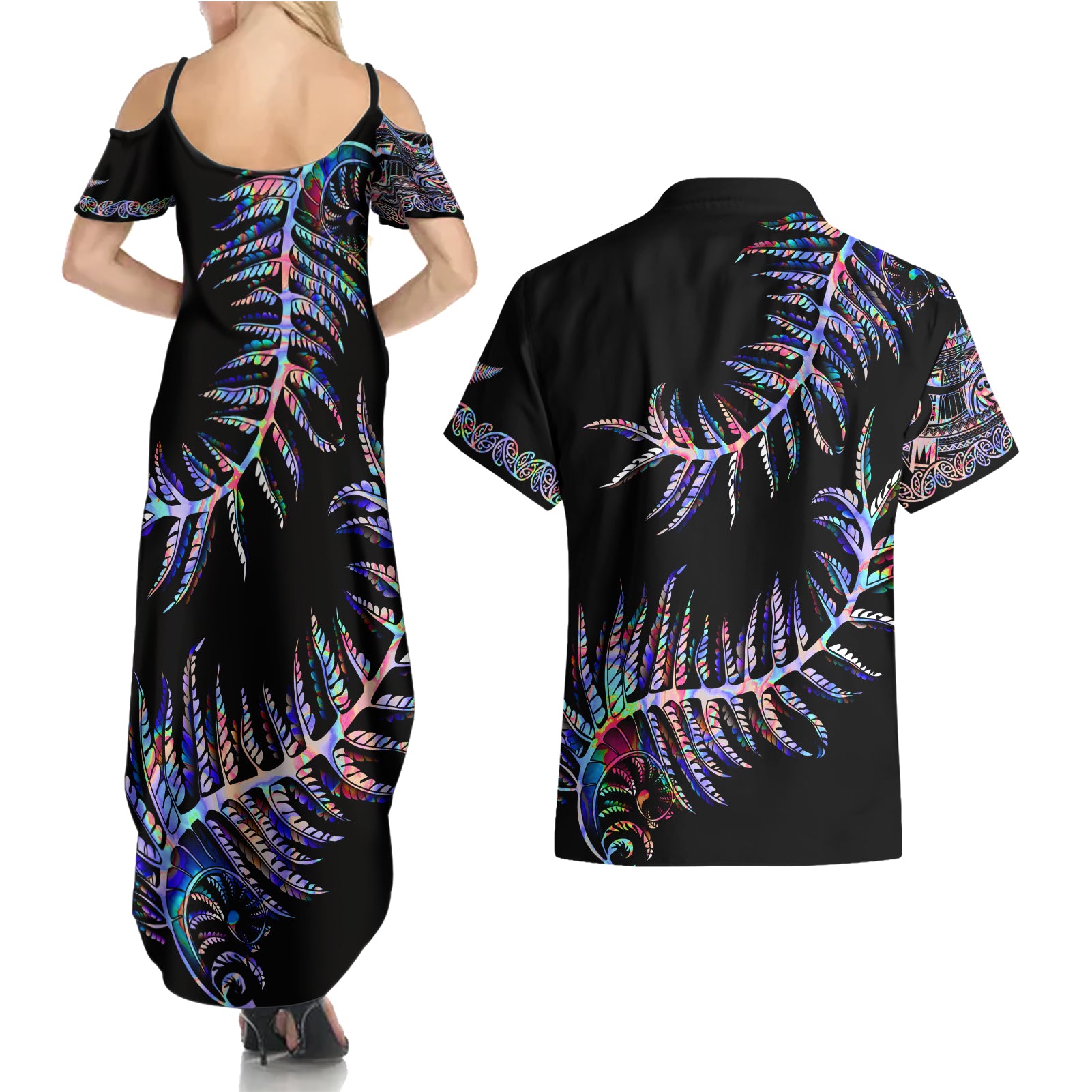 new-zealand-couples-matching-summer-maxi-dress-and-hawaiian-shirt-aotearoa-silver-fern-mixed-papua-shell-purple-vibe