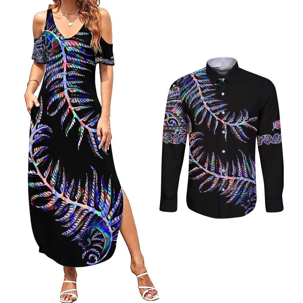 new-zealand-couples-matching-summer-maxi-dress-and-long-sleeve-button-shirt-aotearoa-silver-fern-mixed-papua-shell-purple-vibe