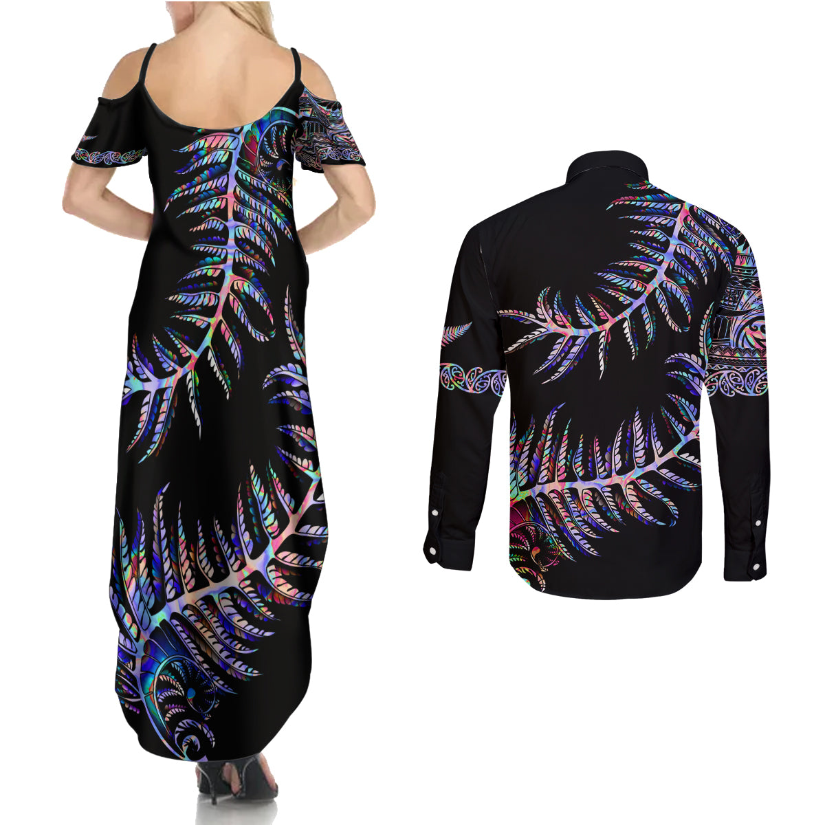 new-zealand-couples-matching-summer-maxi-dress-and-long-sleeve-button-shirt-aotearoa-silver-fern-mixed-papua-shell-purple-vibe