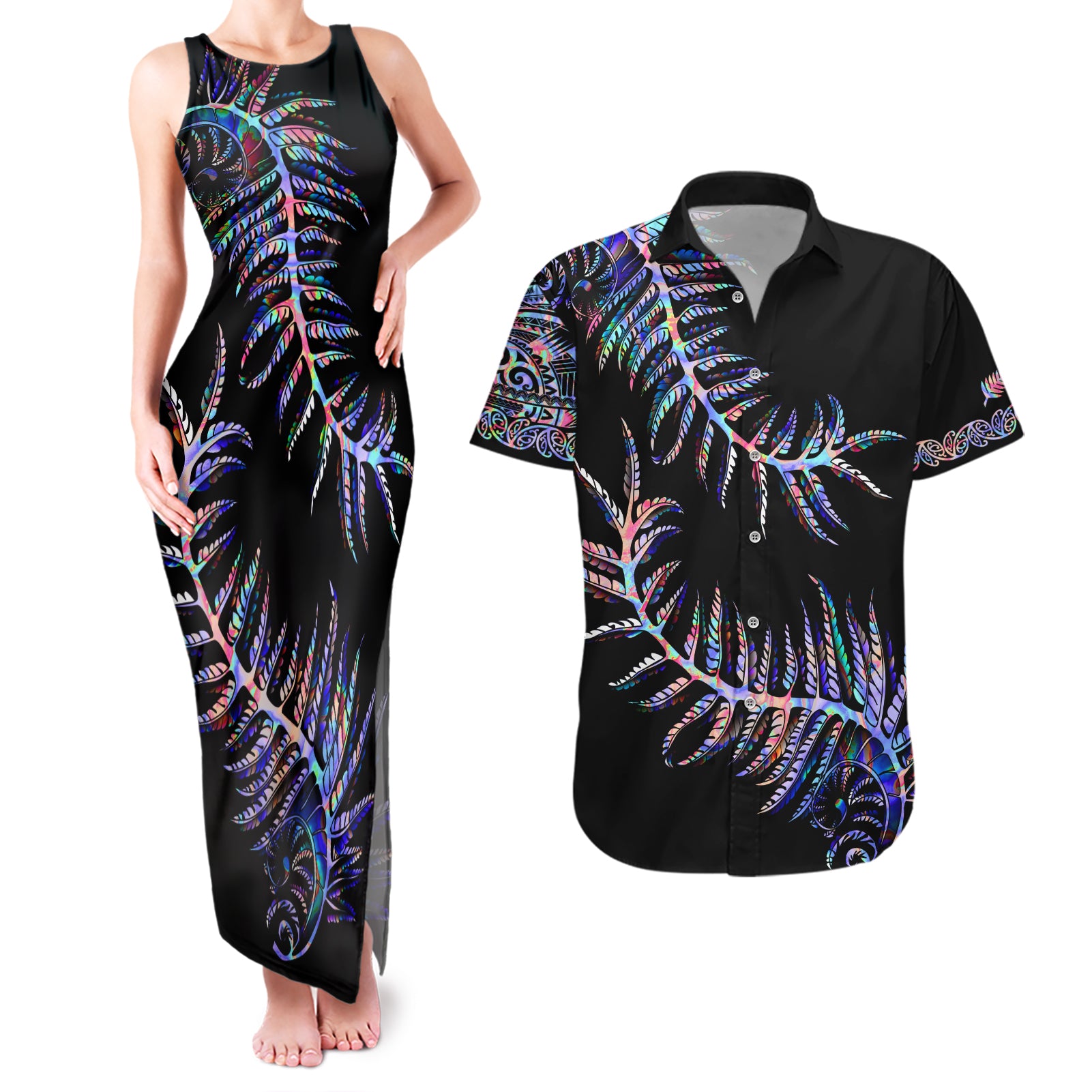 new-zealand-couples-matching-tank-maxi-dress-and-hawaiian-shirt-aotearoa-silver-fern-mixed-papua-shell-purple-vibe