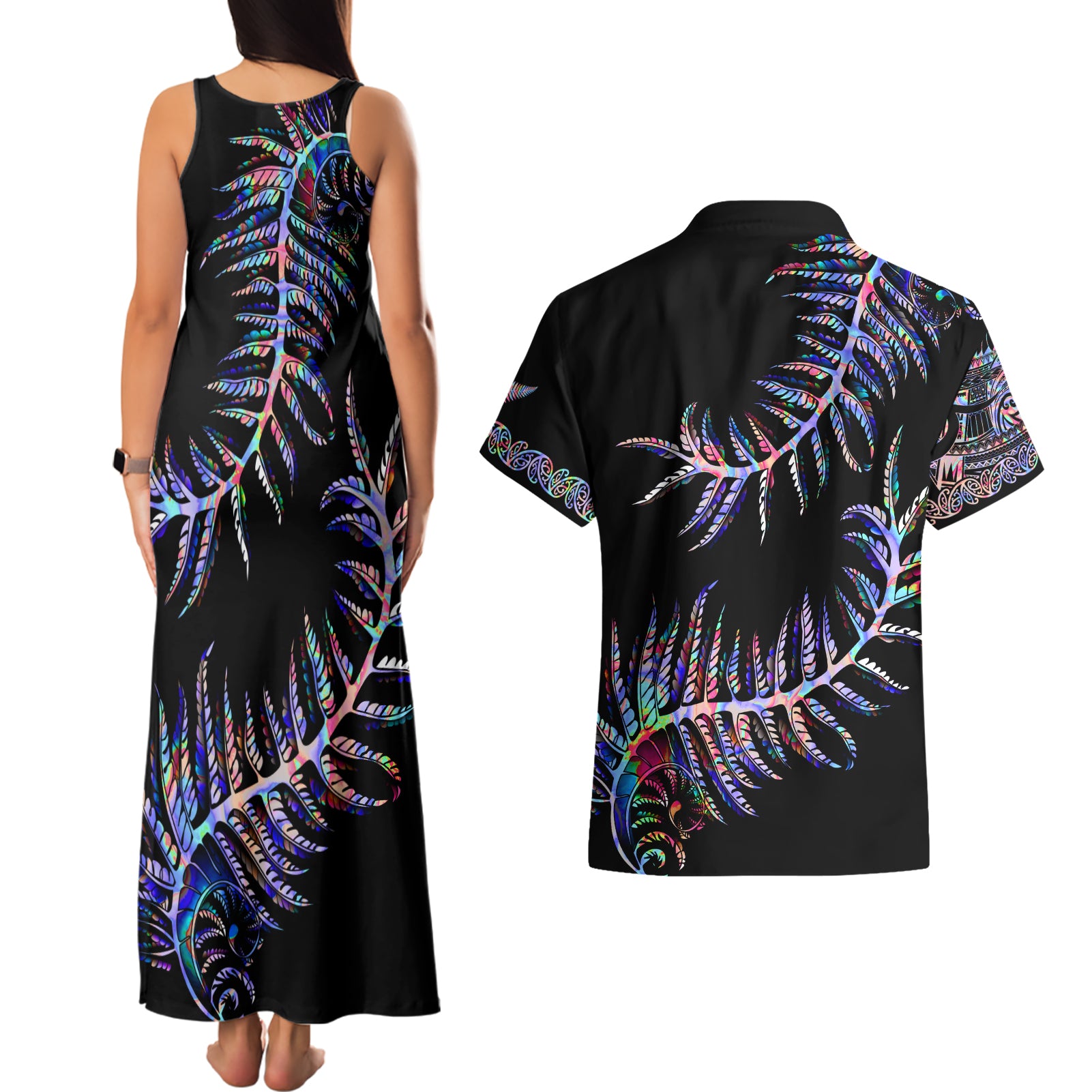 new-zealand-couples-matching-tank-maxi-dress-and-hawaiian-shirt-aotearoa-silver-fern-mixed-papua-shell-purple-vibe