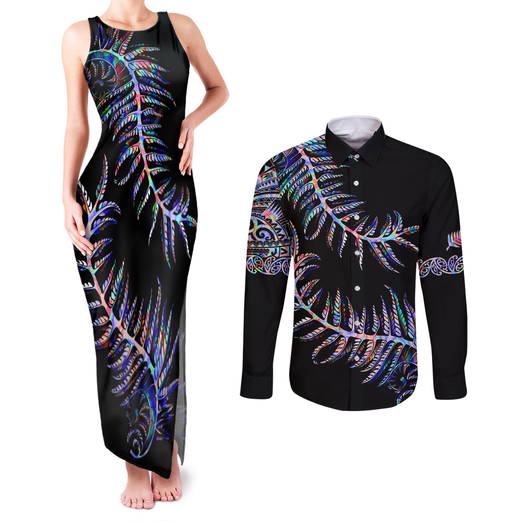 new-zealand-couples-matching-tank-maxi-dress-and-long-sleeve-button-shirt-aotearoa-silver-fern-mixed-papua-shell-purple-vibe